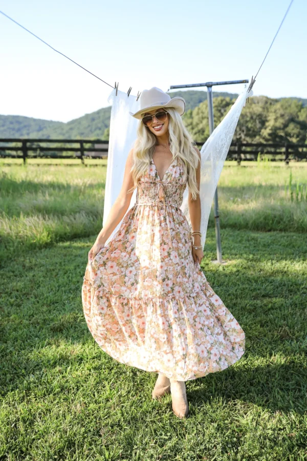 Taupe Floral Halter Neck Maxi Dress - Image 2