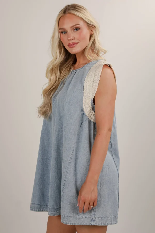 Denim Lace Mini Dress - Image 4