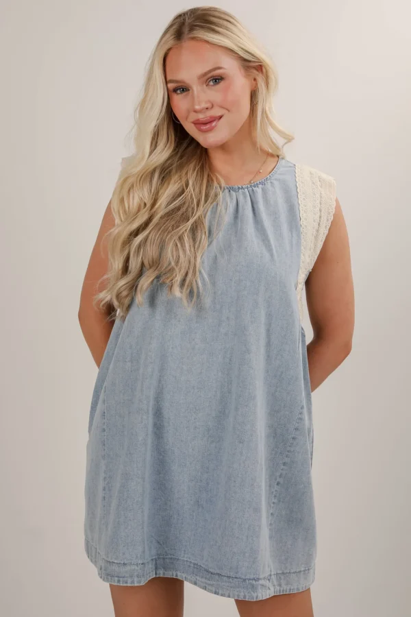 Denim Lace Mini Dress - Image 5