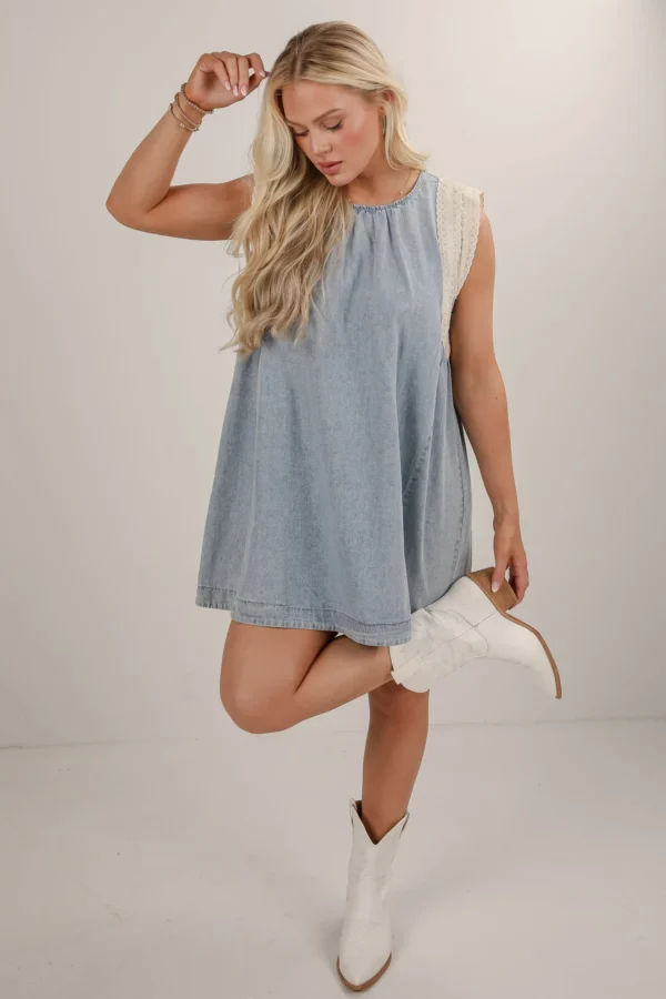 Denim Lace Mini Dress - Image 7