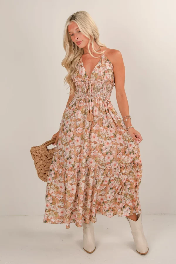 Taupe Floral Halter Neck Maxi Dress - Image 4