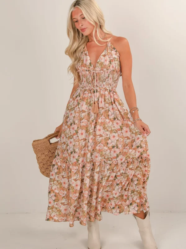 Taupe Floral Halter Neck Maxi Dress