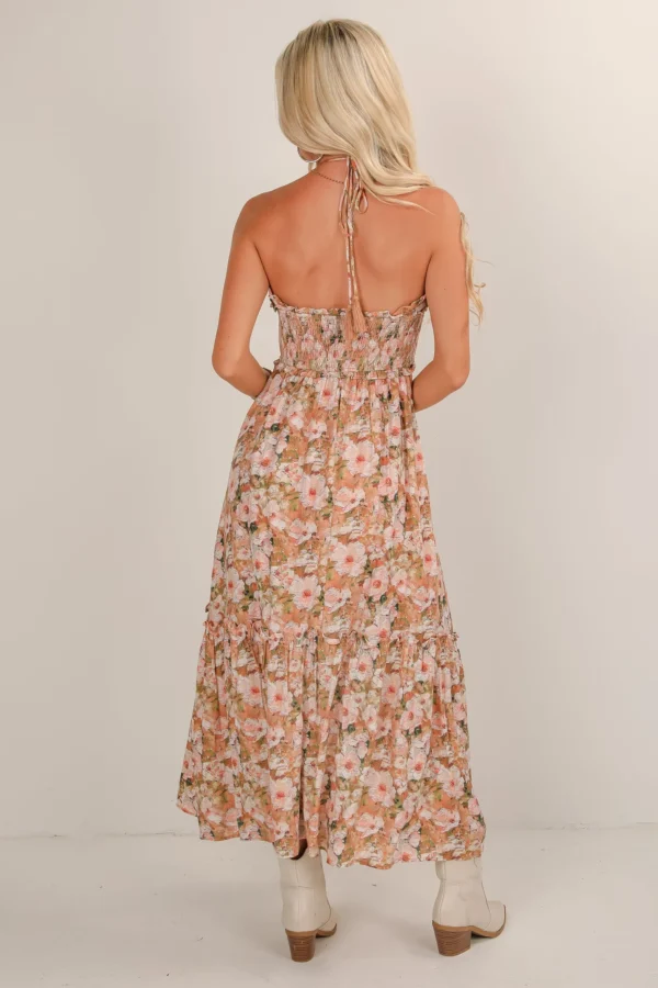 Taupe Floral Halter Neck Maxi Dress - Image 5